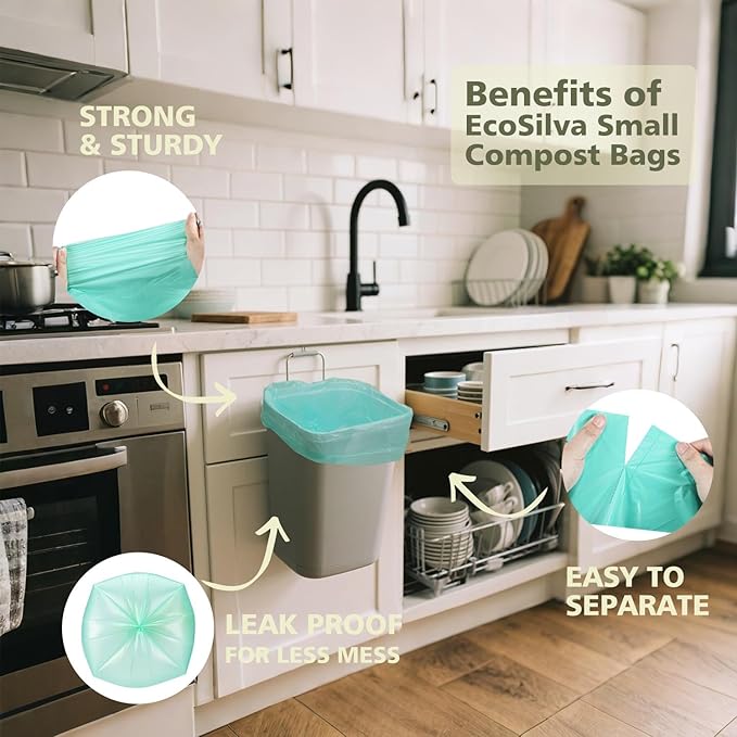 Small Compost Bags 2.6 Gallon Trash Bag, EcoSilva 125 Count Small Compost Bags for Countertop Bin, Compostable Trash Bags 2.6 Gallon Compostable Food Scrap Bag for Kitchen Bathroom Office