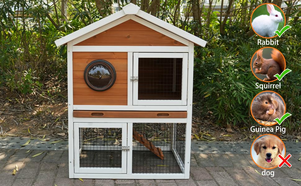 YOPTO 2-Tier Wooden Rabbit Hutch with Waterproof Roof,Outdoor Bunny Cage with Removable Pull-Out Tray,Viewing Window Design for Small Animals,Enclosure for Guinea Pigs & Hamsters,White+Red