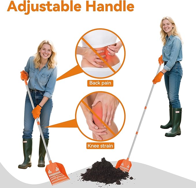 Chicken Poop Scooper with Rake - Lightweight Chicken Coop Scooper for Small Farm Animals - Sand Sifting Shovel with Adjustable Long Handle (38-67'') - Easy to Use for Women & Seniors