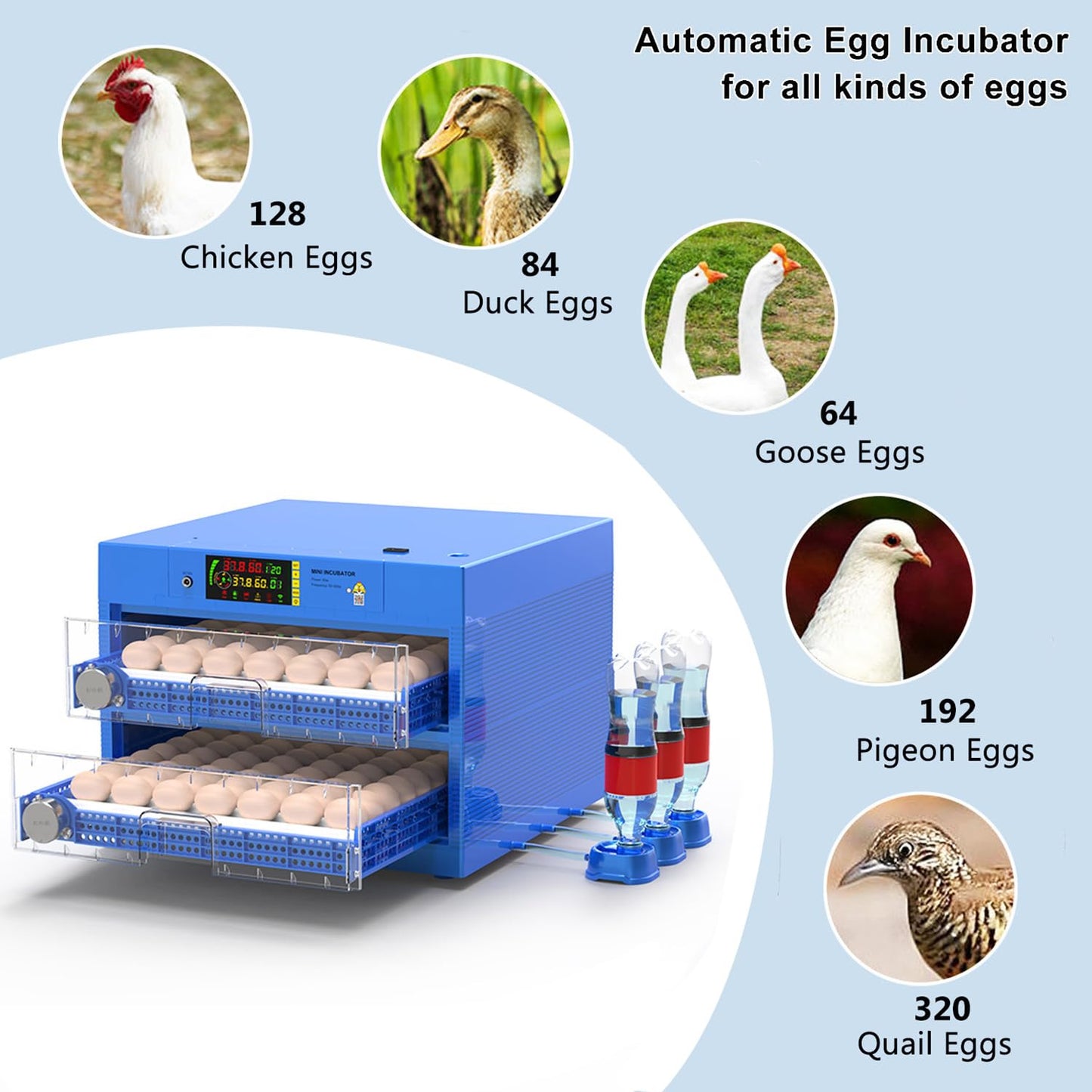Automatic Eggs Incubator, Large Incubators for Hatching Eggs with Automatic Egg Turning & Temperature Control, Poultry Hatcher Machine for Chicken Duck Goose Quail Bird (128 Eggs)