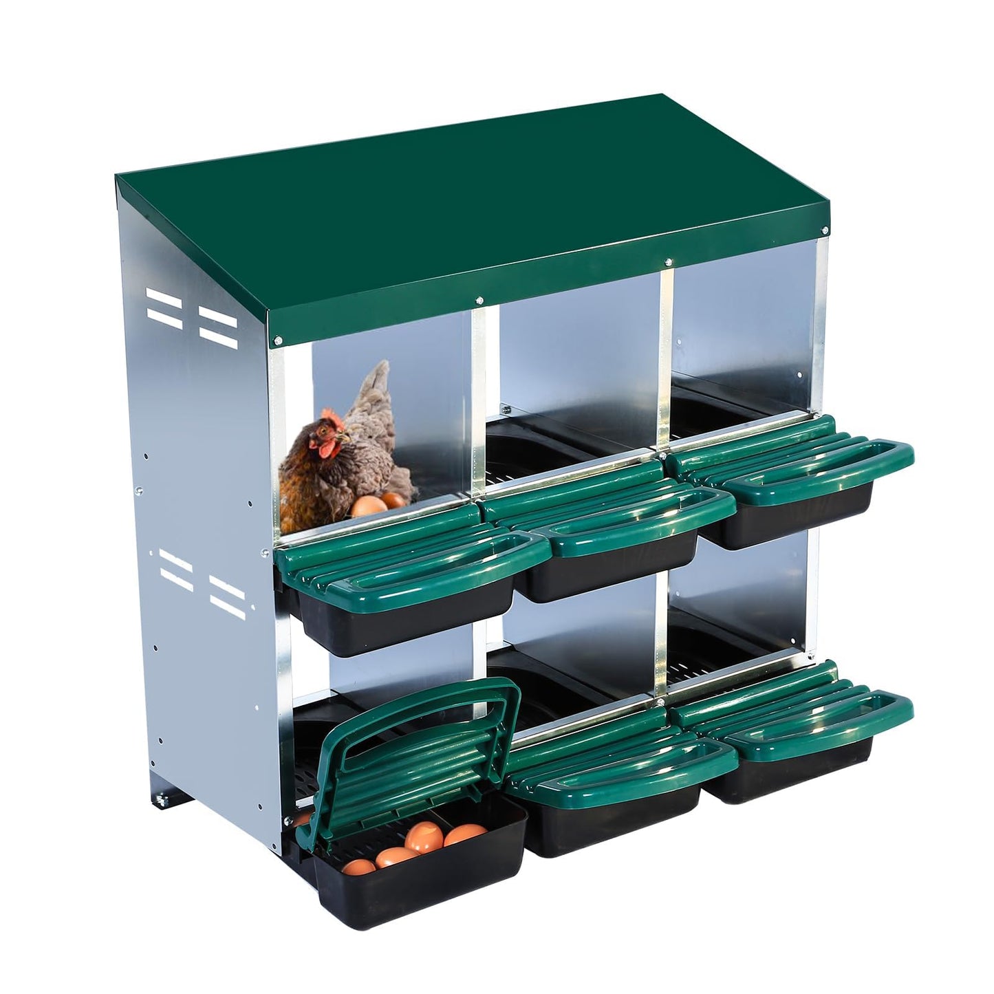 Chicken Nesting Boxes, 6 Holes Metal Chicken Egg Laying Box with Swing Perch and Rollout Egg Collection,for Various Chicken Breeds Without Stand - Green 0.6mm