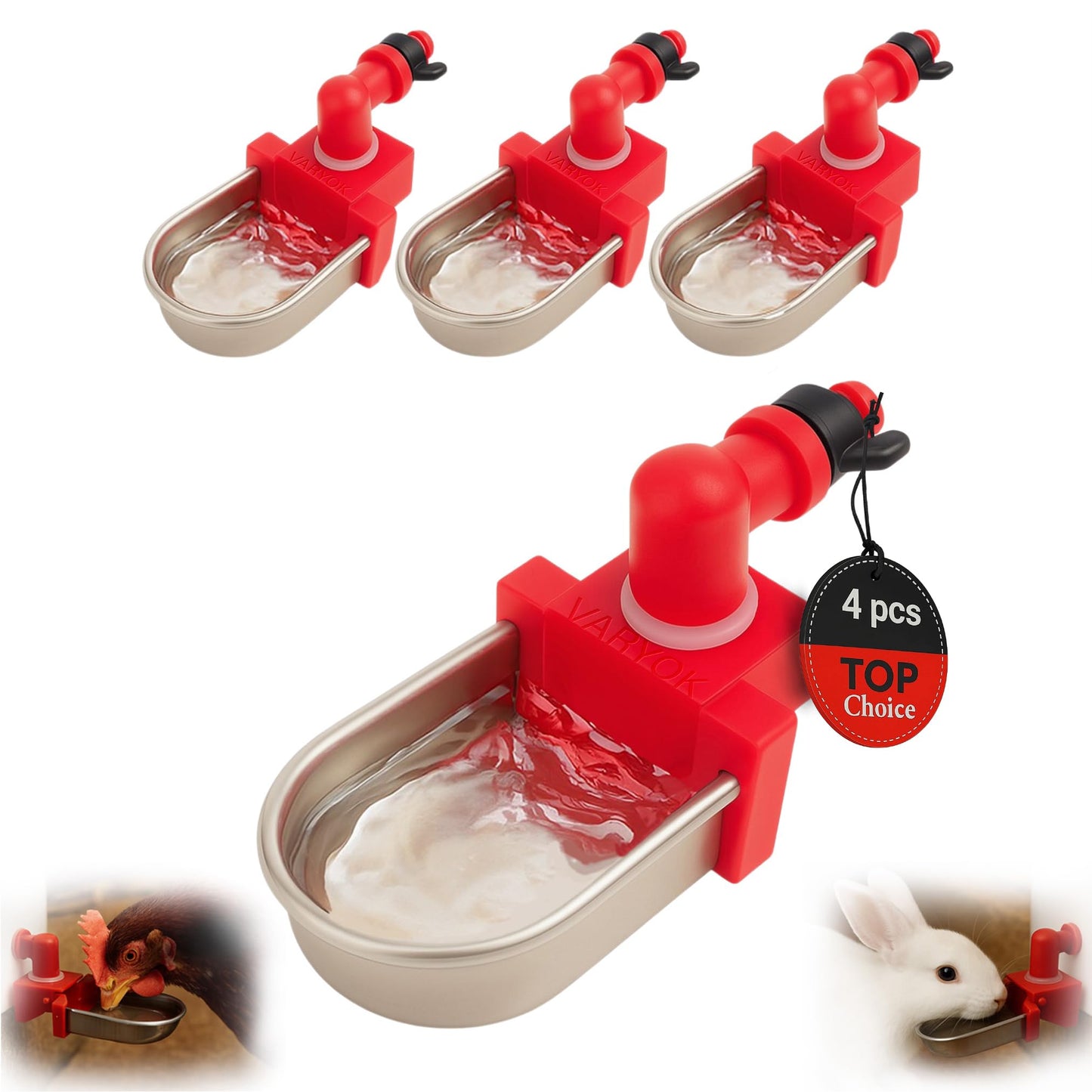 Heavy Duty 4 Packs Large Auto Metal Chicken Waterer Cups Poultry for Pets Small Animals Chicks Rabbits Mice Rats Ferrets Turkey Hedgehogs Hamsters Chinchillas Guinea Pigs