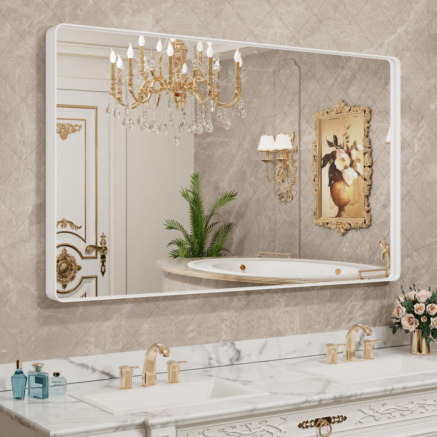 LOAAO 55x36 Inch White Metal Framed Bathroom Mirror for Wall, White Bathroom Vanity Mirror Farmhouse, Large Rounded Rectangle Mirror, Anti-Rust, Tempered Glass, Hangs Horizontally or Vertically