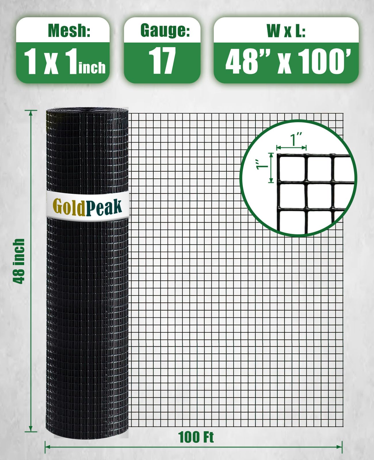 GoldPeak Black Hardware Cloth 1 inch Mesh 48x100 17 Gauge, Vinyl Coated Wire Mesh Roll Chicken Wire Fencing Wire Fence Roll Tree Guard Wire Mesh Fence Rat Wire Garden Fencing