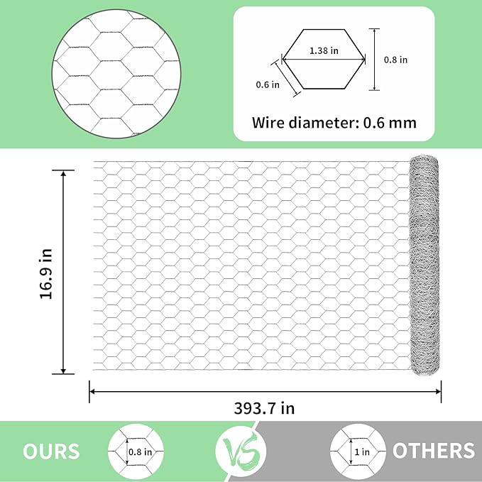 Chicken Wire 16.9 in x 393.7 in Poultry Wire Netting Hexagonal Galvanized Mesh Garden Fence Barrier for Pet Rabbit Chicken Fencing with 100 Pcs Cable Zip Ties