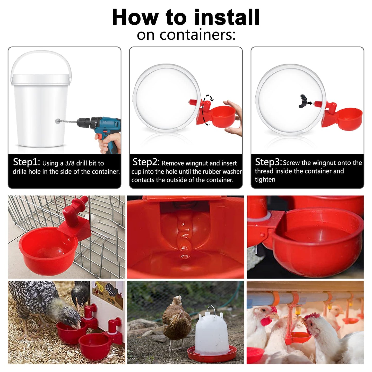 Chicken Water Cup Waterer for Poultry, 3/8 in Automatic Filling Waterer Poultry Drinking Bowl Chicken Water Feeder, Automatic Poultry Drinking Bowl for Duck Turkey Rabbit Geese Farm (6)