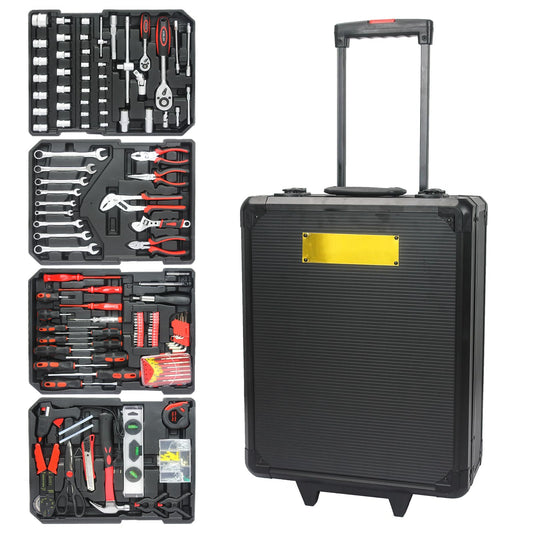 Black Hand Tool Box With 4 Layers Of Toolset,Aluminum Trolley Case Tool Set,Rolling Tool Case Box On Wheels,899pcs Household Hand Kit for House Repair, Garden, Office