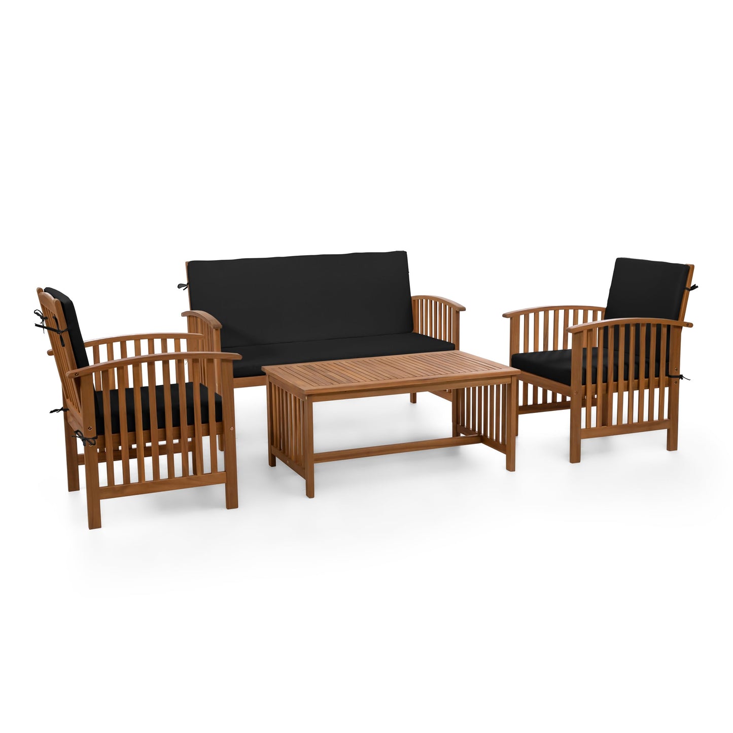 Greemotion Kyushu Farmhouse Acacia Wood 4-Piece Patio Set with Weather-Resistant, Include Tie-Back Cushions for Deck, Backyard, Lawn, Garden, Black and Natural Brown