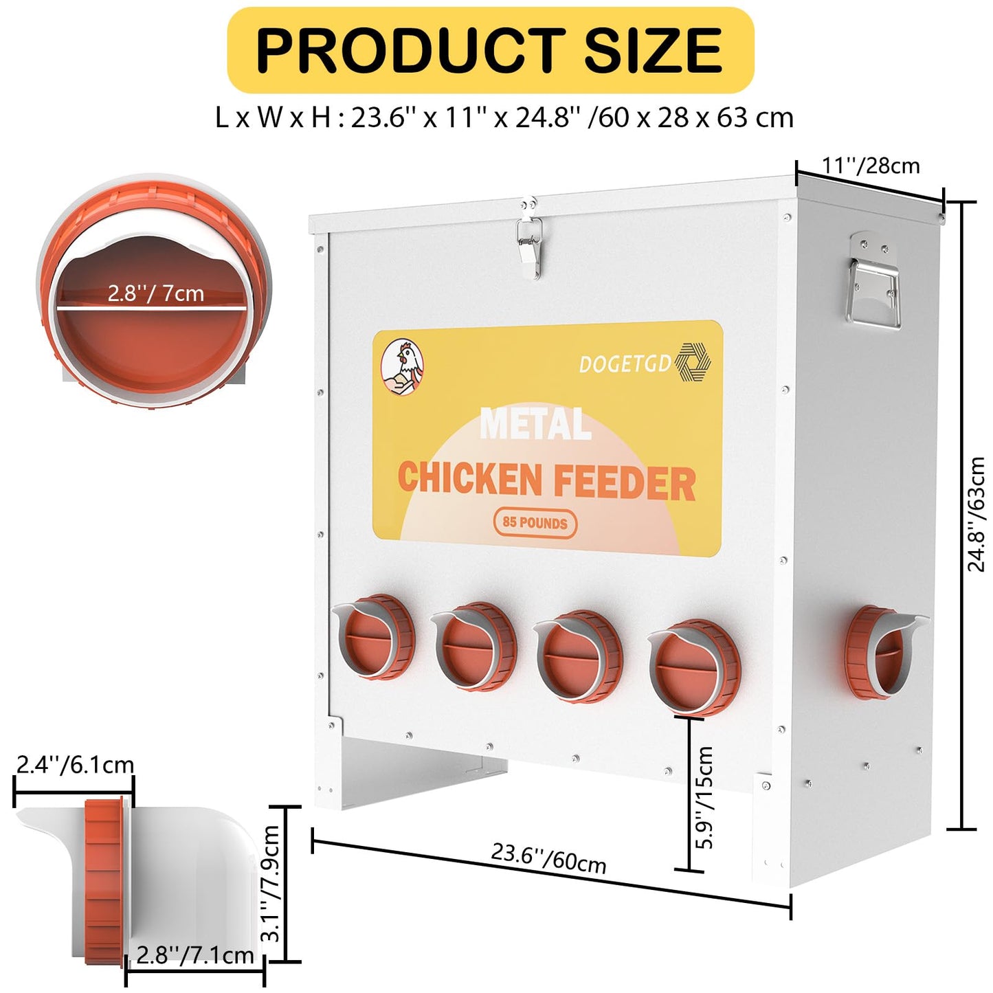 Automatic Chicken Feeder No Waste Metal Poultry Feeder Large Capacity 85lbs for Chickens, Geese, Ducks, Turkeys, Quails (10-Port)