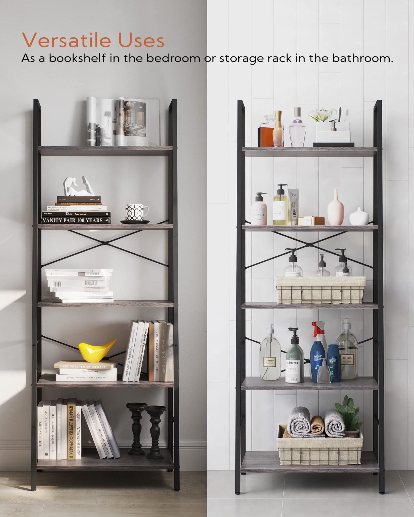 Yusong Ladder Bookshelf, Bookshelf Ladder Shelf, 5-Tier Bookshelf for Bedroom, Industrial Book Shelves Storage Rack with Metal Frame for Home Office, Rustic Brown, Gray