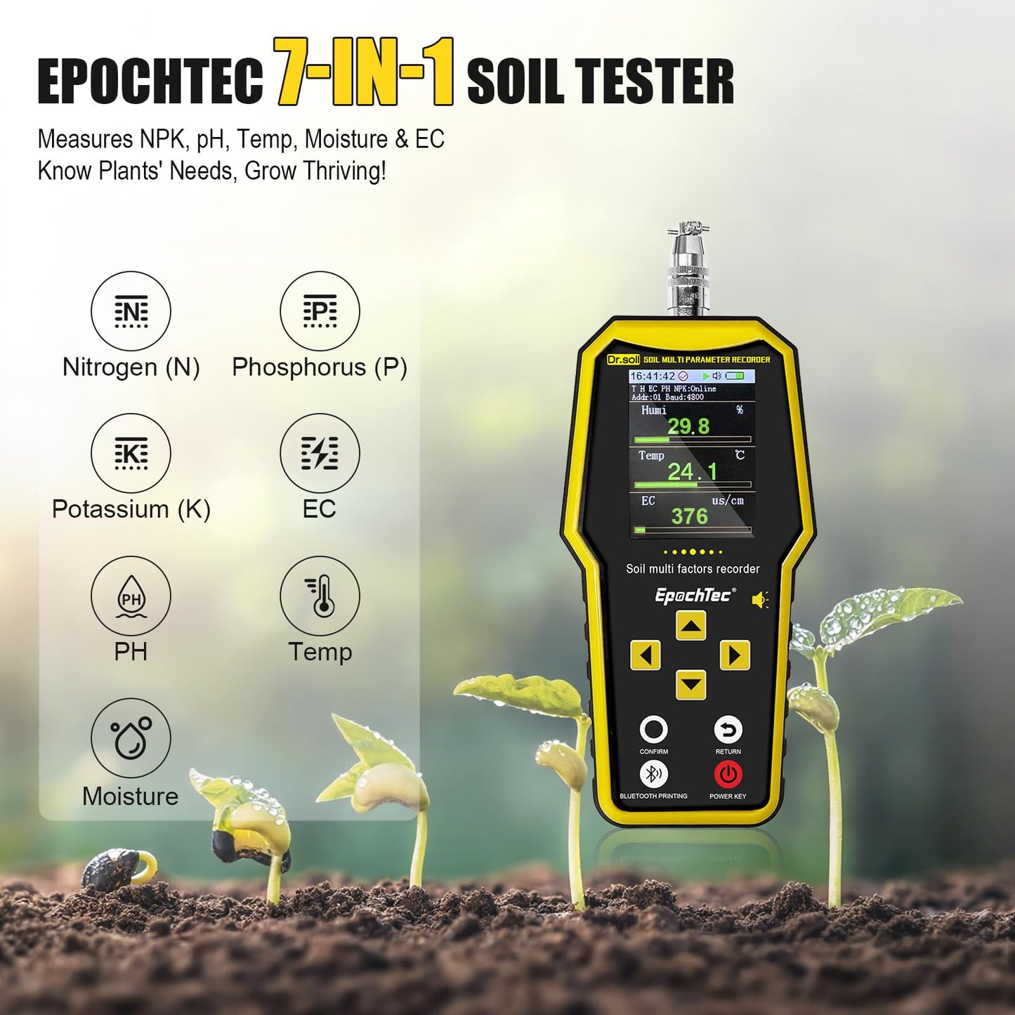 EpochTec 7 in 1 Soil Tester, ±1% High Precision Digital NPK Tester/Soil Moisture Meter/PH Tester/Temperature/EC Monitor for Agriculture, Plant Cultivation, Geological Survey with Data Storage & Export