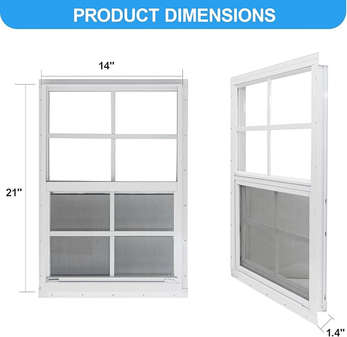 NeatiEase 2 Pack Shed Window, 14" x 21" Flush Mount Window with Tempered Glass and Fiberglass Screen for Shed, Chicken Coop, Playhouse, Household, Garage