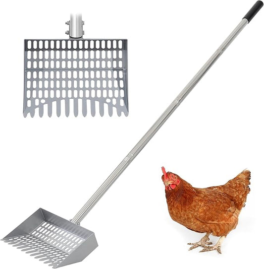 Chicken Poop Scooper Tempered Spring Steel Chicken Poop Shovel Heavy Duty 38 to 66" Adjustable Sifting Shovel for Chicken Coop with Long Stainless Steel and Rubber Handle