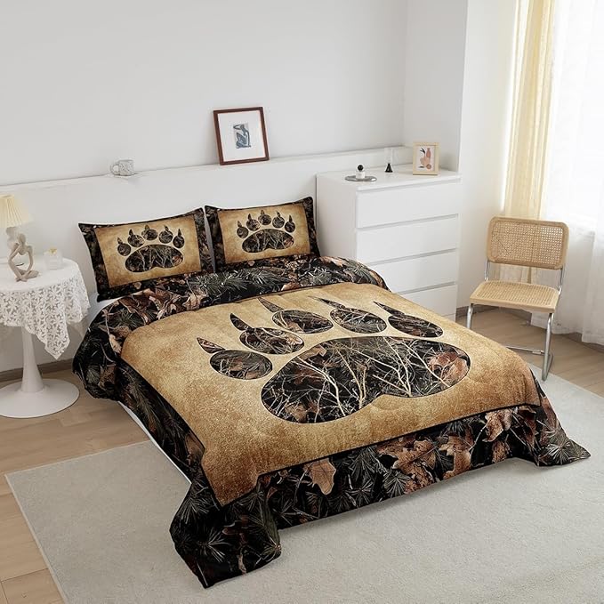 Erosebridal Rustic Farmhouse Bedding Sets Queen Camo Bear Paw Comforter Set Woodland Hunting Camouflage Animal Bedding Comforter Sets for Kids Boys Adults Men,Retro Cabin Wildlife Quilt Set