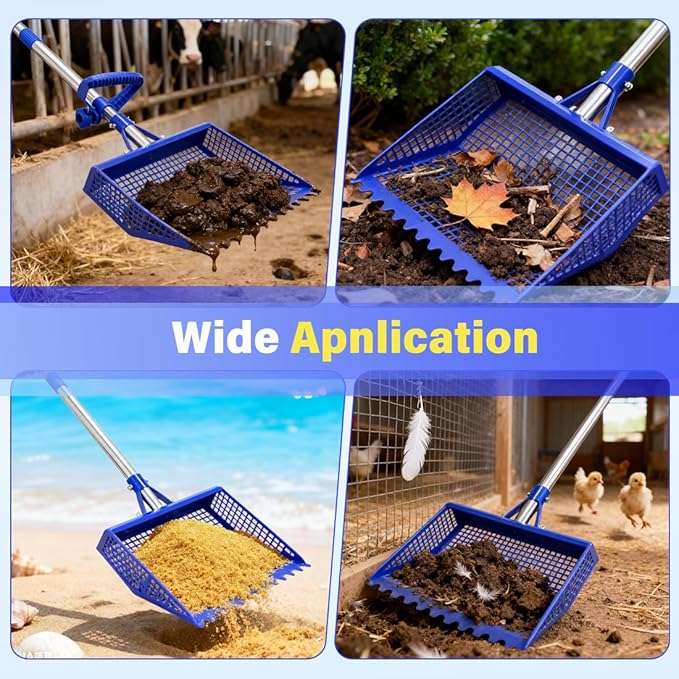 Chicken Poop Scooper & Rake 2-in-1, 304 Stainless Steel Shovel Head - 2X Waste Removal, Easy Clean Anti-Rust Litter Sifting Scoop, Cattle Pen & Beach Sand | Back-Knee Friendly Chicken Coop Accessories
