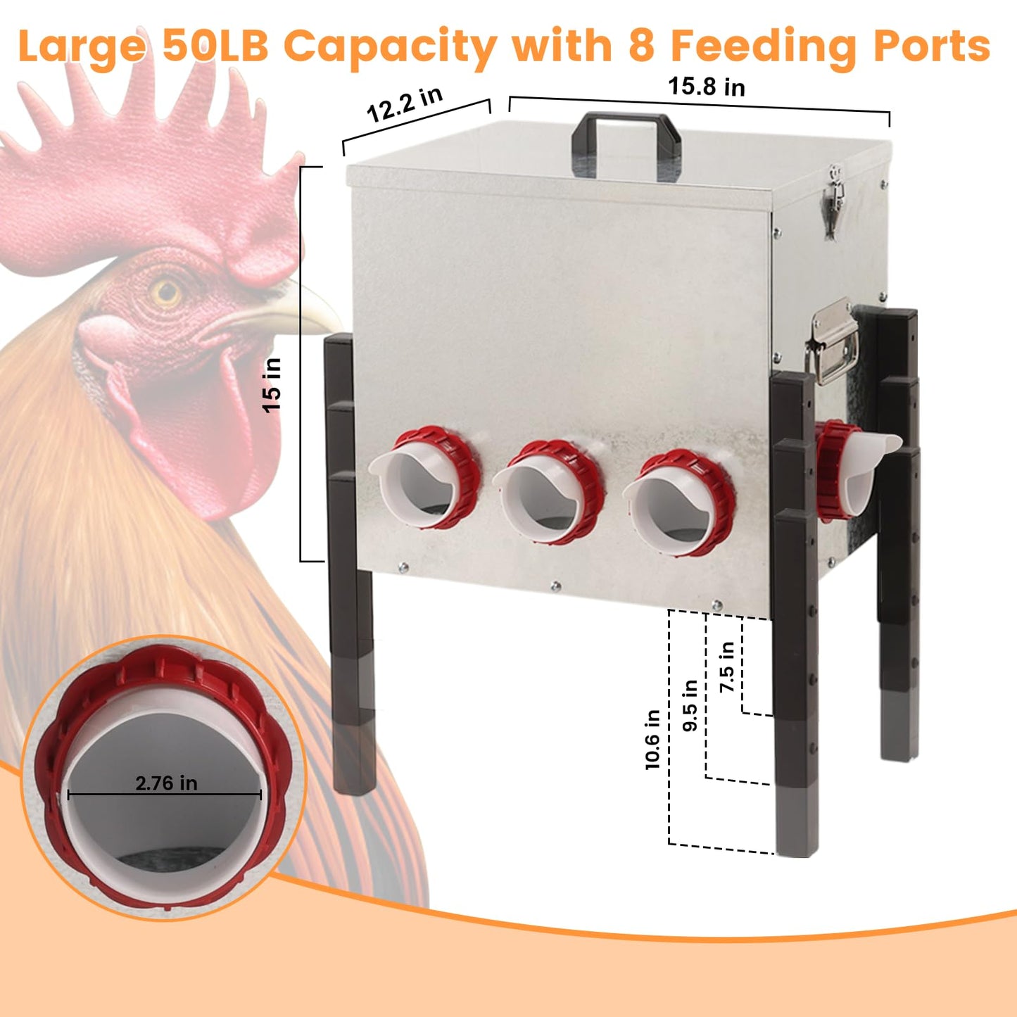 50LB Automatic Chicken Feeder with Cover – Large Capacity Metal Chicken Coop Feeder with 8 Feed Ports, Adjustable Legs Rainproof No Waste Outdoor Poultry Feeder for Hens & Free Range Flocks
