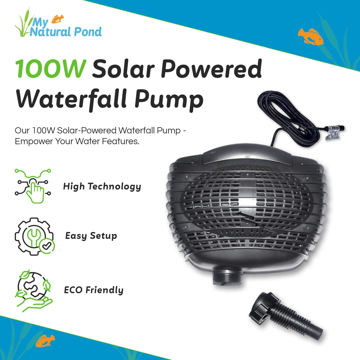MNP Powerful Submersible Solar Powered Pond Pump Kit with Panels and Hose. No Battery. Advanced design. (100 Watts)