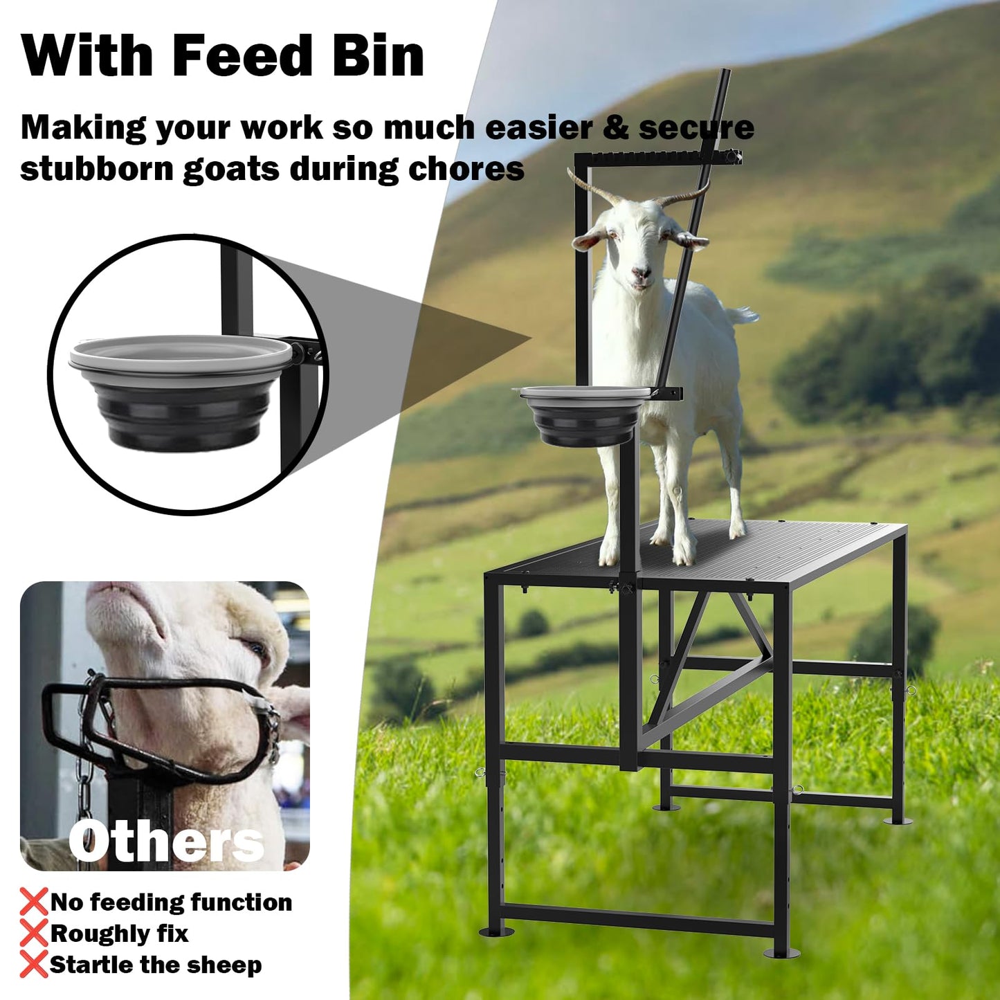 Larrik Goat Milking Stand with Feed Bin, Stand for Goat Milk and Shepp Trimming Hooves, with Adjustable Head Piece and Legs, Metal Black Use for Small Goat and Sheep, 400 Lbs