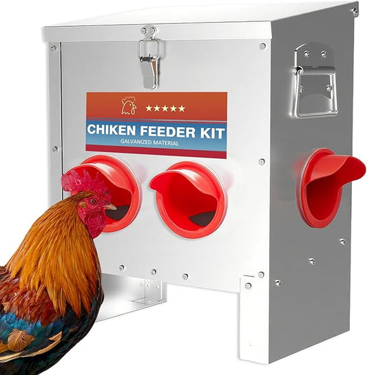 Automatic Chicken Feeder No Waste 25 Pounds Metal Poultry Feeder with Latch & Handle for Chickens, Geese, Ducks, Turkeys, Quails, Weatherproof (4-Port)
