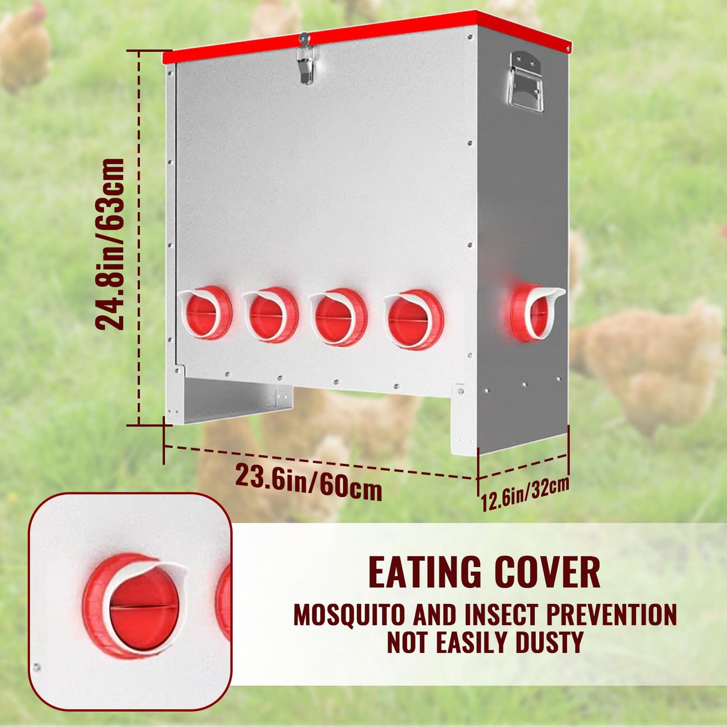 10 Ports Automatic Chicken Feeder 85 Pounds Large Gravity Fed Chicken Feeder with Latch & Handle for Chickens Bantams Pheasants Poultry Coop Weatherproof