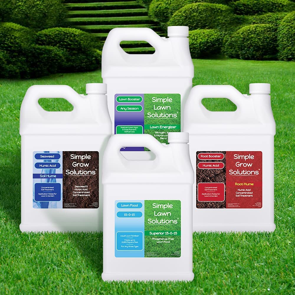 Lawn Energizer Nitrogen & Iron (1 Gallon) and 15-0-15 Lawn Food (1 Gallon) and Root Hume (1 Gallon) and Seaweed Soil Hume (1 Gallon) - Simple Lawn Solutions