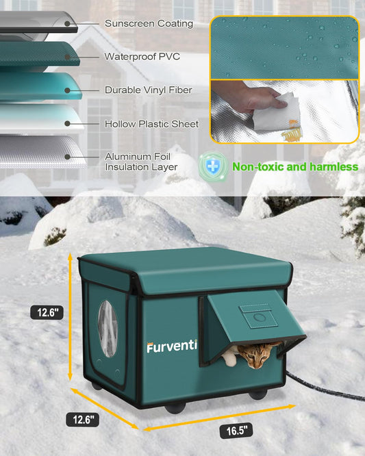 Heated Cat House for Outside with Dual Doors, Insulated Cat House Outdoor with Heating Pad, Weatherproof Heated Outdoor Cats Houses Waterproof for Feral Cats (Deep Green, 17" L x 12" W x 13" H)