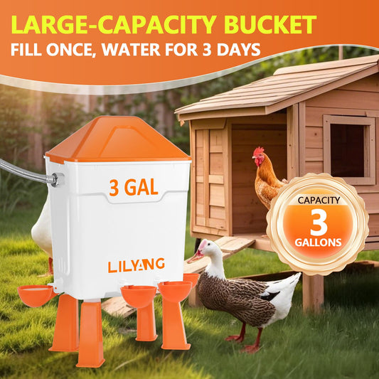 Lilyang Automatic Chicken Waterer 3 Gallon | Float-Control Poultry Waterer, Hanging/Standing Design, Connect to 3/4'' Faucet & Hose, Effortless Hydration Solution for Backyard Coop & Small Farm