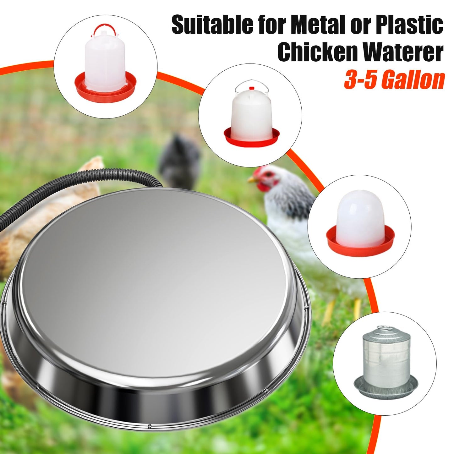 Chicken Water Heater for Winter,14" Heating Base for Metal/Plastic Chicken Waterer Poultry Founts Under 5 Gallon,48W Thermostat Chicken Coop Water Heater