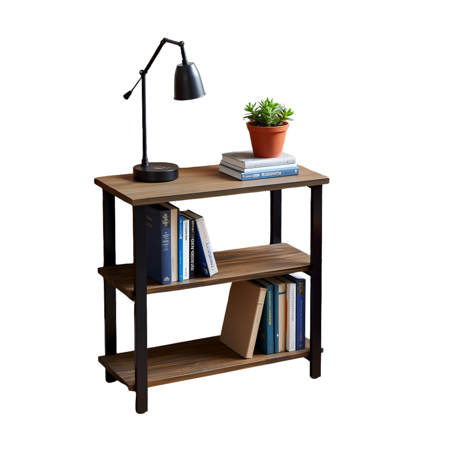 Pomona 3-Tier Bookcase with 2 Lower Shelves – 30" Tall Rustic Industrial Under-Window Bookshelf with Solid Wood and Metal Frame for Living Room, Bedroom, or Home Office by Alaterre Furniture