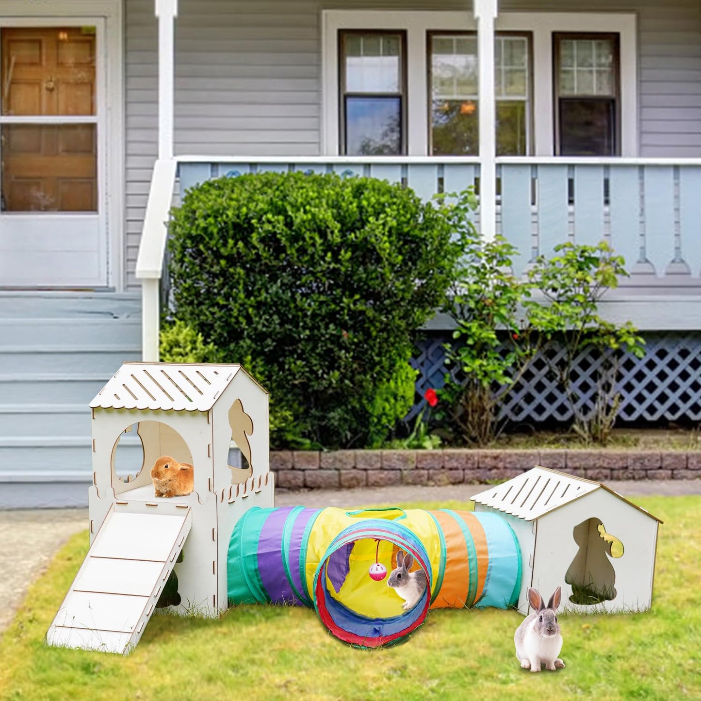 Extra Large Sturdy Rabbit Hideout with 3 Way Tunnels, Wooden Bunny Castle with Stairs, Rabbit Hideout Castle Tower Toys for Indoor Outdoor Play