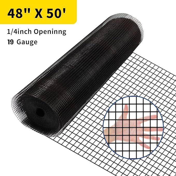 Hardware Cloth PVC Coated Wire Mesh 48'' x 50' 1/4inch Mesh Black Vinyl Coated Fence Chicken Wire Fencing 19 Gauge Chain Link Fence for Chicken Coop,Animal Control,Gutter Guard, and Home Improvement…