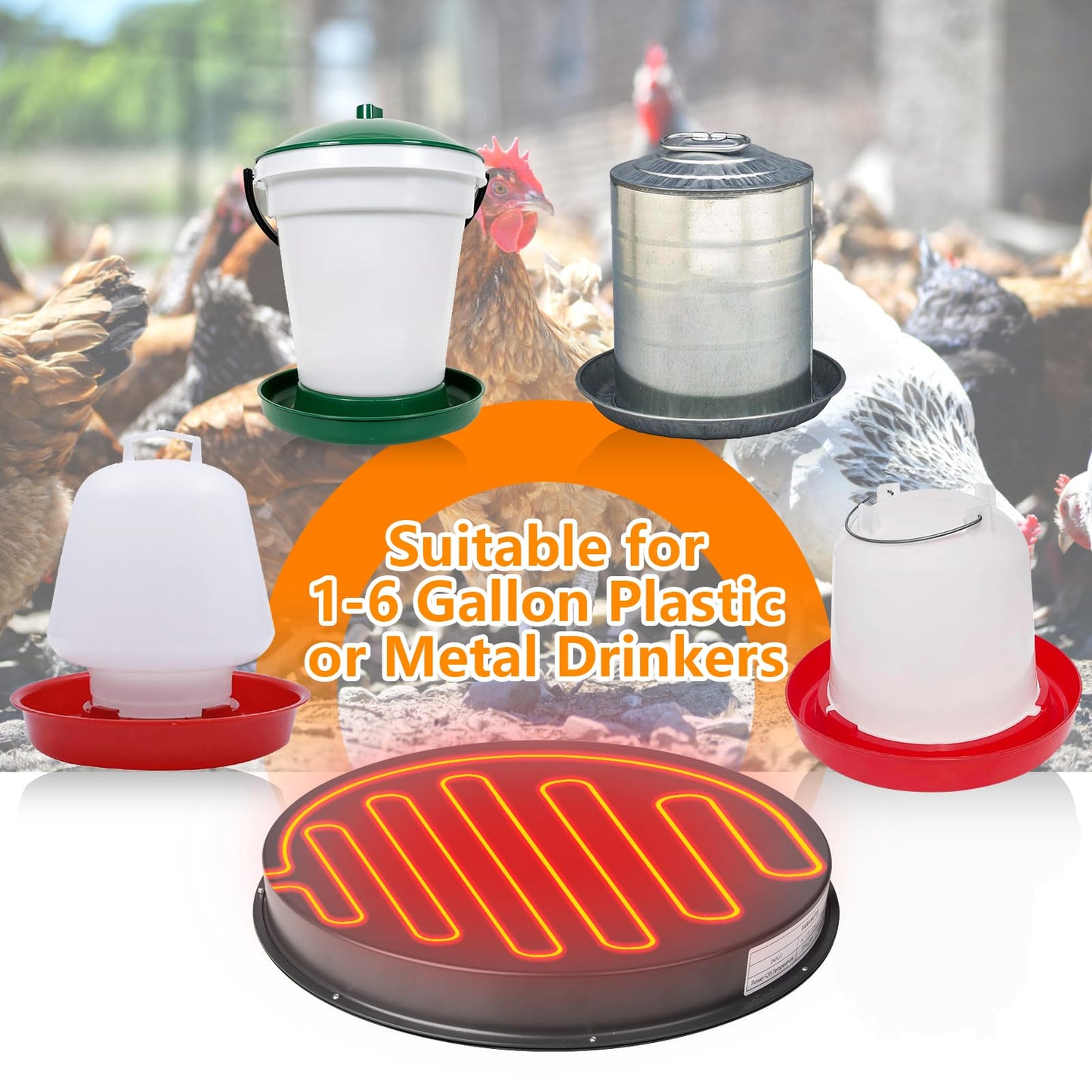Chicken Water Heater for Winter - 15.35" Poultry Waterer Heated Base, 125W Drinker Heater Base with Thermostat to Prevent Water Freezing in Metal or Plastic Drinkers