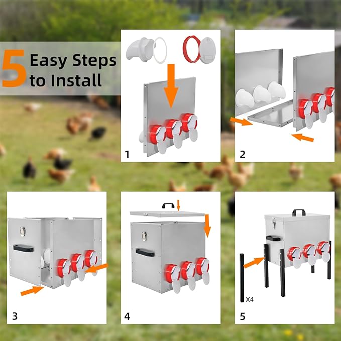 Automatic Poultry Chicken Feeder No Waste Metal Large Capacity 30 lbs Feeders for Chickens Ducks, Geese Bantams Pheasants Coop Weatherproof (6-Port)