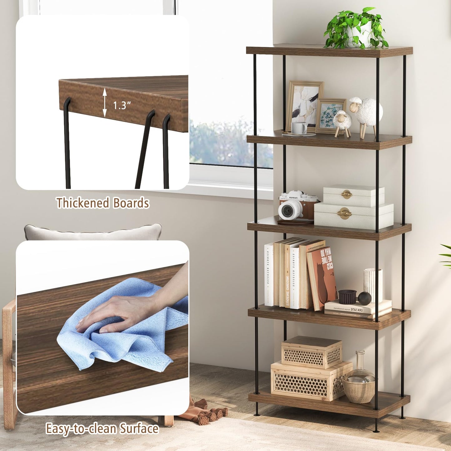 Giantex 5-Tier Open-Back Bookshelf, Freestanding Display Rack, Metal Frame Storage Shelf, Industrial Style Bookcase, Home Organizer Unit for Living Room, Bedroom, Study