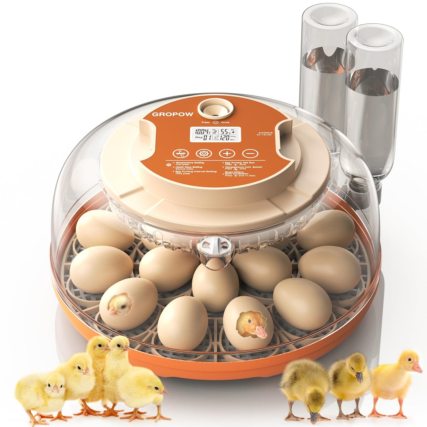 GROPOW 18 Egg Incubator, Automatic Turning with Temperature & Humidity Control, Egg Candler, 360 View with Air Vent, Auto Water Bottle Refill, Chicken Incubator for Hatching Eggs