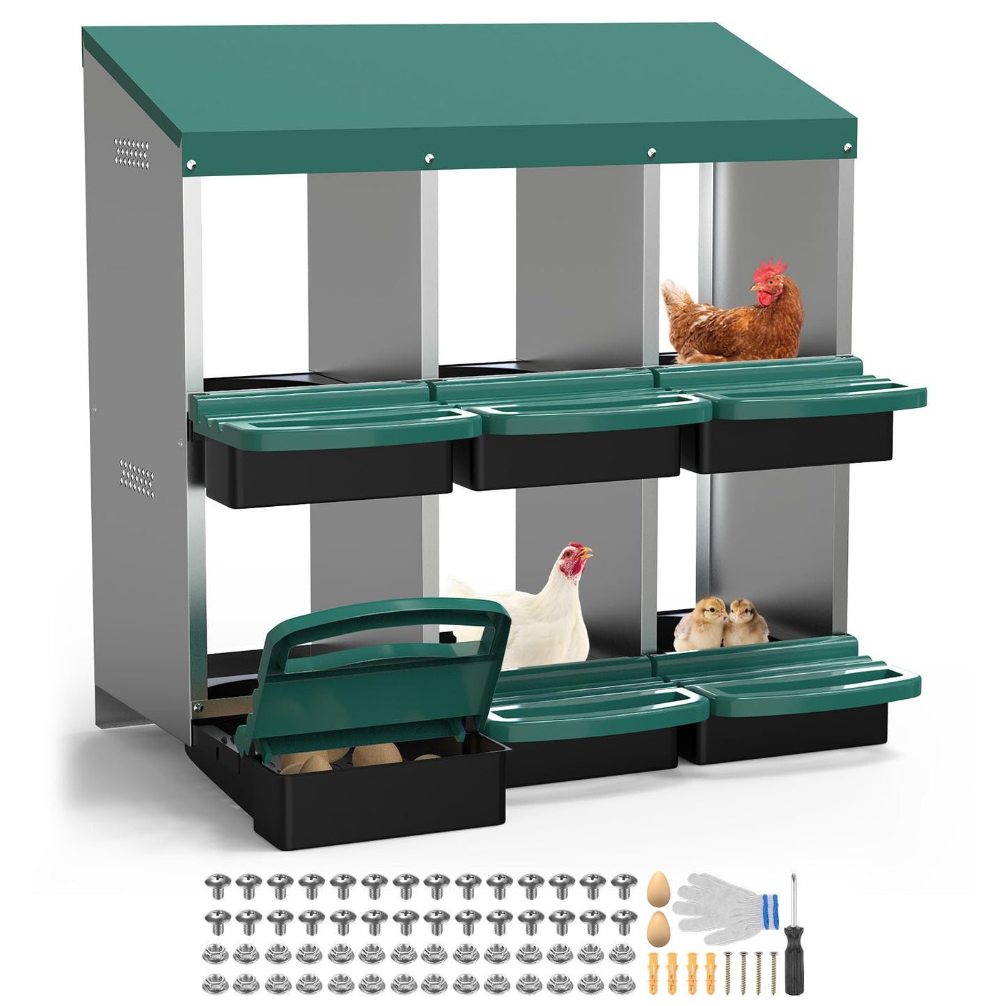 M METERXITY Chicken Nesting Box, 6 Compartments Metal Chicken Laying Boxes with Roll Out Egg Collection, Plastic Fake Eggs, Install Accessories and Gloves for Hens/Goose/Duck/Rabbit, Green
