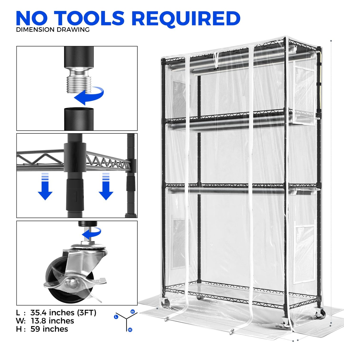 Barrina CX5Z Indoor Greenhouse with Grow Light, 6PCS 30W per Light Full Spectrum T8 Plant Lights, 4-Tier Portable Metal Plant Stand Tent and Thermometer for Seed Starting, 35.4x13.8x59IN