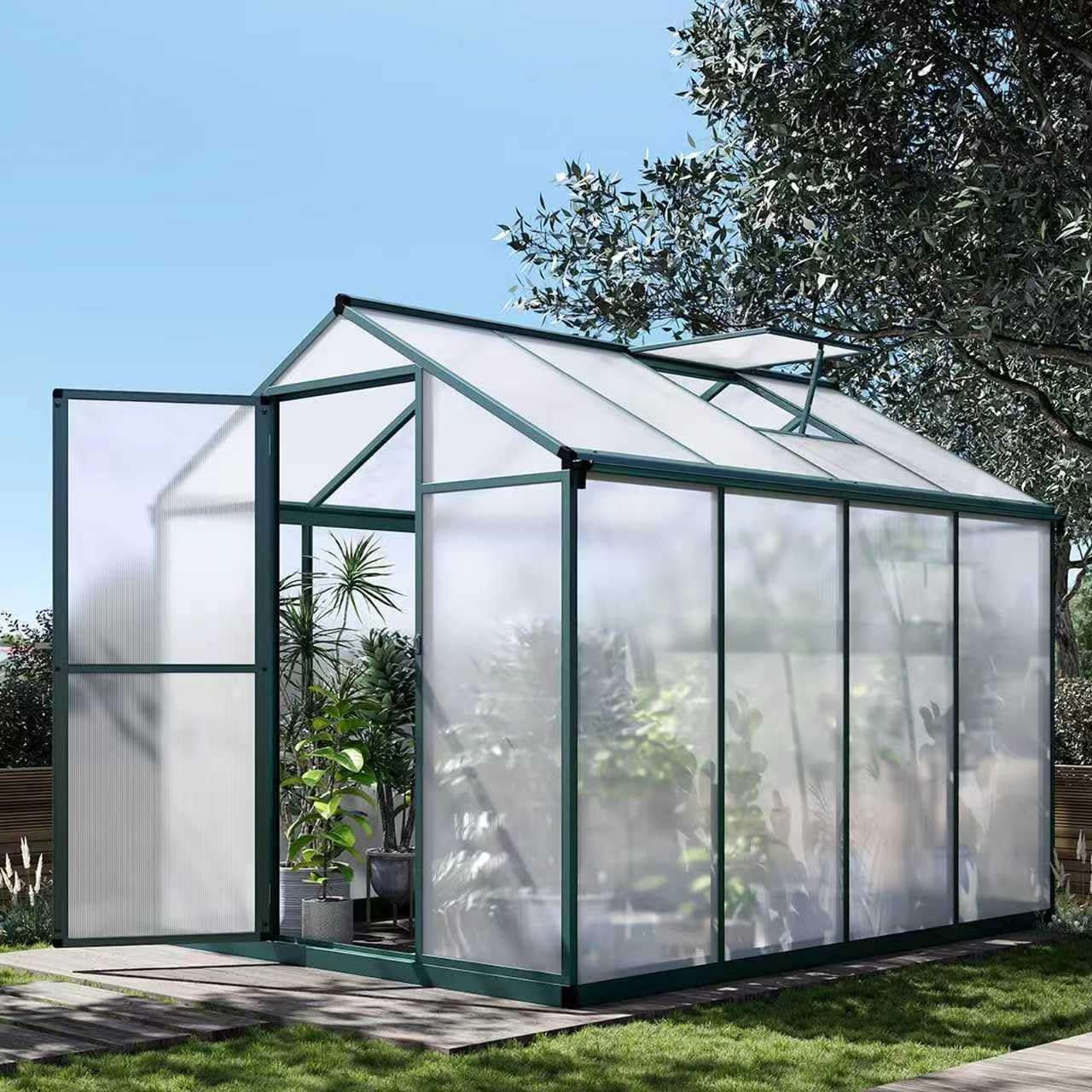 Garvee 6x8 FT Greenhouse for Outdoors, Polycarbonate Greenhouse with Quick Setup Structure and Roof Vent, Aluminum Large Walk-in, for Outside Garden Backyard, Green