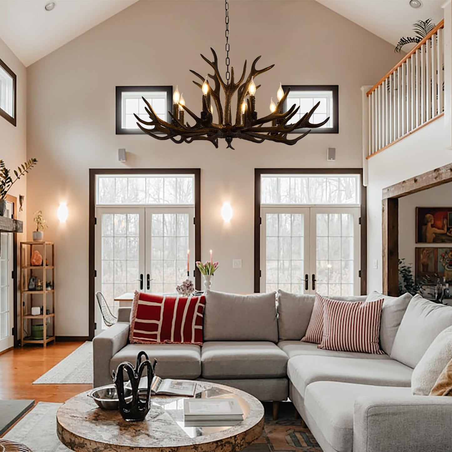 Uboxin Rustic Antler Chandelier Dark Brown 8 Light E12 Vintage Farmhouse Deer Horn Ceiling Light with Adjustable Chain for Living Room Dining Room Cabin Bar Cafe (8 Lights +3 Arms)