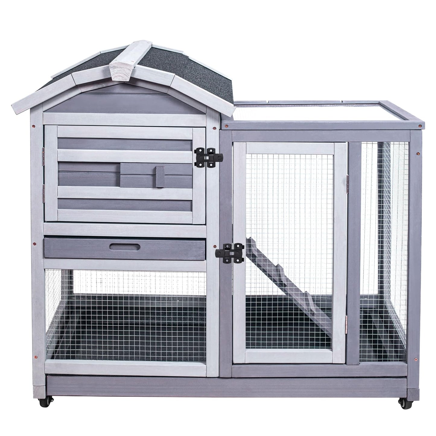 GEGURI Rabbit Hutch Indoor Rabbit Cage Outdoor, Wooden Bunny Cages for Guinea Pig with Wheels, Removable Tray, Ramp