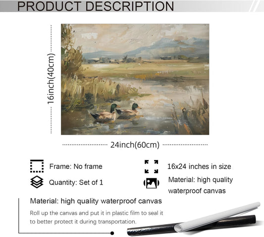 Mallard Duck Pond Poster Animal Farmhouse Canvas Wall Art Vintage Duck Painting Oil Painting Bird Hunter Gift for Rustic Cabin Nursery Wall Decor 16x24 inch Unframed
