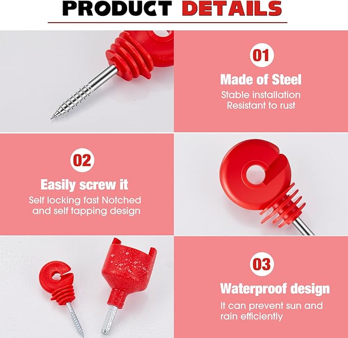 Sweetude 200 Pcs Electric Fence Insulator with 1 Pcs Insulator Socket Tool Screw in Ring Post Wood Post Electric Fence Ring with Socket Tool for Animal(Red)