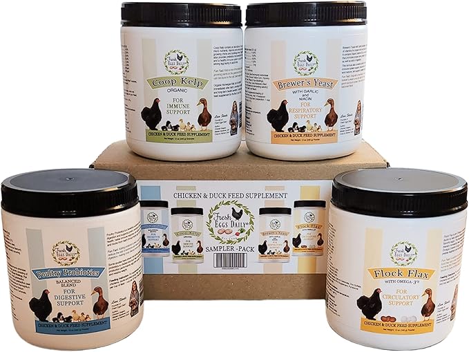 Fresh Eggs Daily Chicken and Duck Natural Feed Supplement Sampler 4-Pack Includes 12 oz. Poultry Probiotics Organic Coop Kelp Brewers Yeast with Garlic Flock Flax