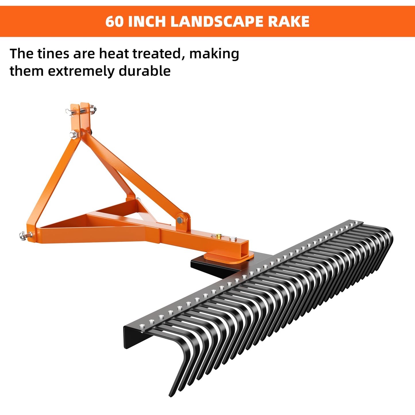COZONY 3 Point 5FT Landscape Rake, 360 Degree Rotation 60" Rock Rake Fits for Category 1 Hookup, Tow-Behind Garden Tool, Orange