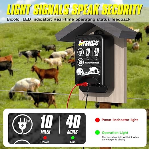 AC/DC 2-in-1 Power Supply, Electric Fence Energizer for 10 Mile Preventing Wild Animal Intrusion, 40 Acre Coverage, 12V Input, 12KV 2 Joule Output, Deter Predators, Contain Cattle, Cow and Livestock