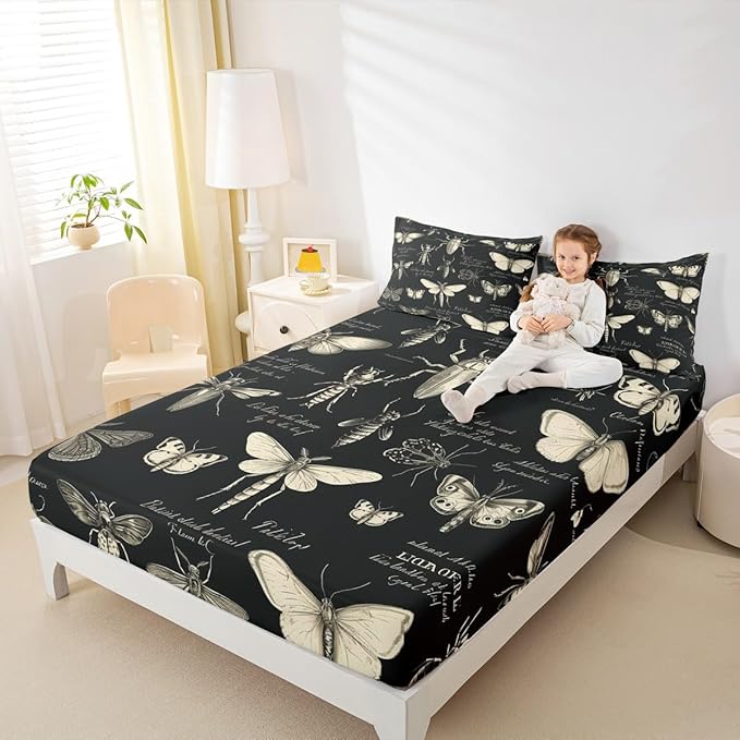 Butterfly Moth Insects Fitted Sheet Full Size,Bug Beetles Entomological Bed Sheet for Kids Boys Teens Men Bedroom Decor,Nature Animal Bedding Set Retro Black Brown Deep Pocket Sheet,2 Pillowcases
