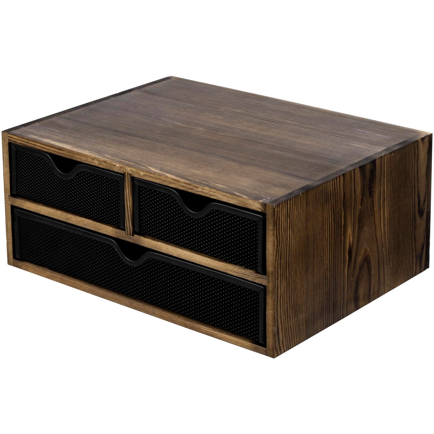 MyGift Rustic Burnt Brown Solid Wood Desktop Organizer Box with 3 Removable Black Metal Mesh Trays, Office Desk Supplies Storage Drawers for Accessories