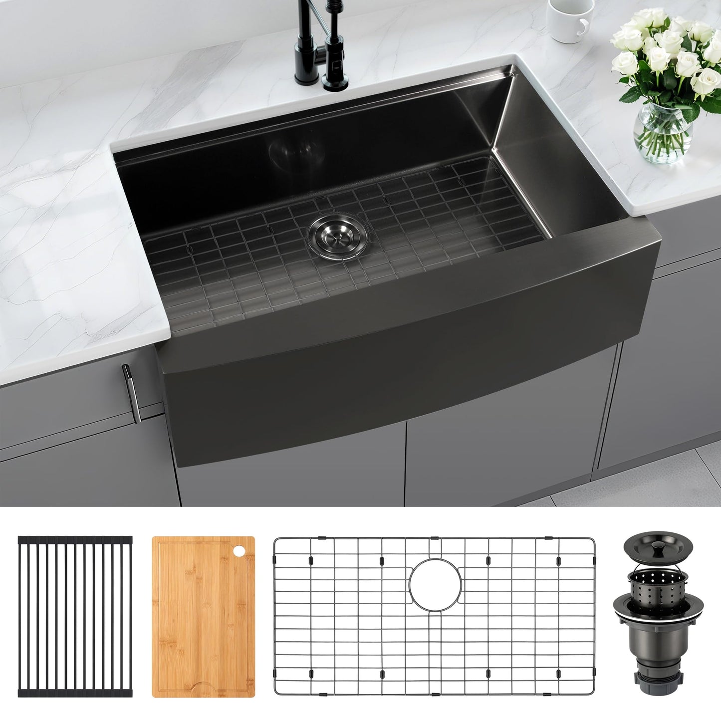 Farmhouse Sink 33 inch, Black 16 Gauge Ledge Stainless Steel Rustic Farmhouse Sinks Apron Front Undermount Farm Single Bowl Kitchen Sinks with Accessories,33"x20"x10"