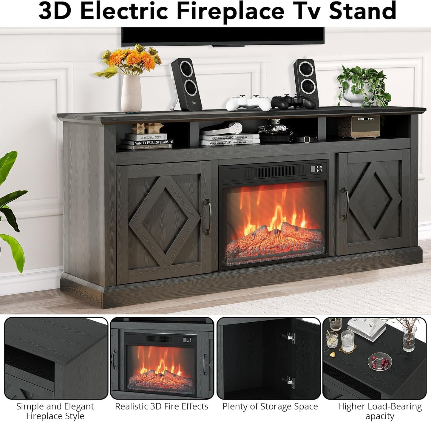 67 Inch TV Stand with Electric Fireplace, Entertainment Center with 23” Fireplace Insert, Remote Control, Adjustable Storage, Cable Management, Media Console for Living Room, Home Theater Furniture