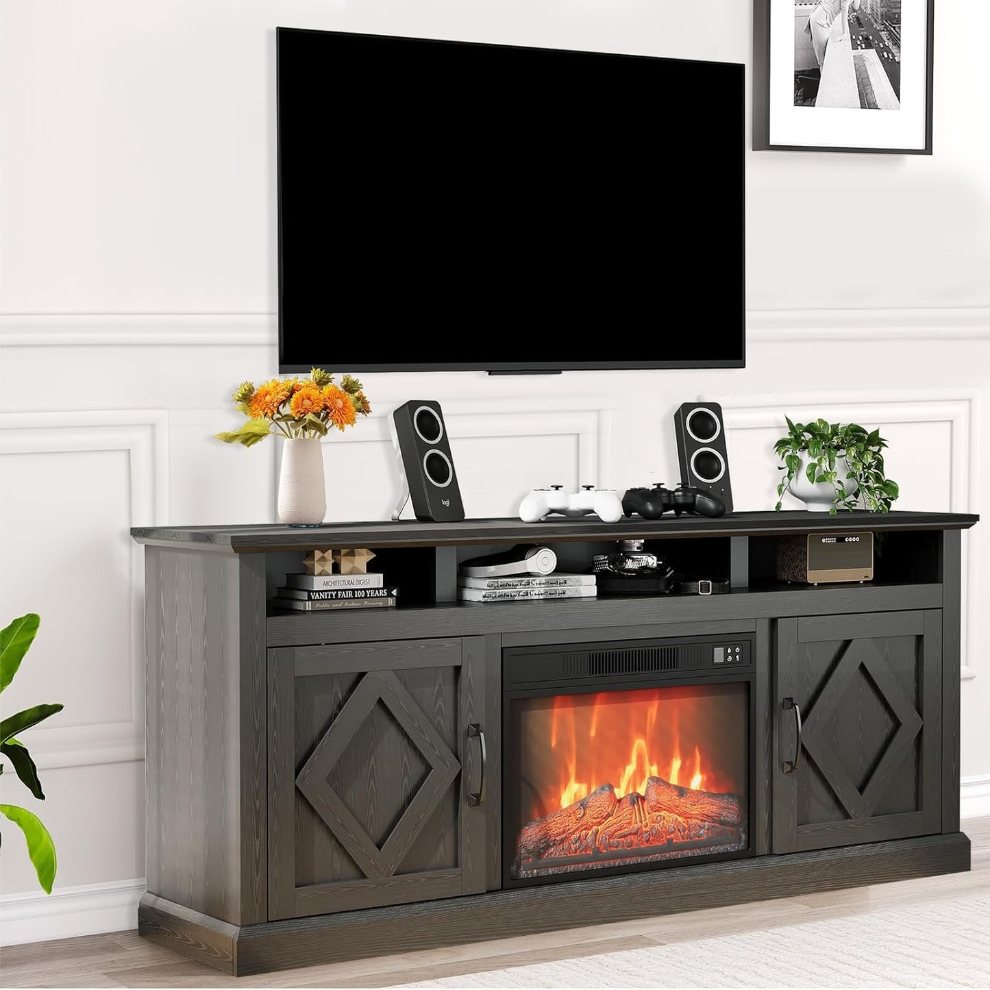 67 Inch TV Stand with Electric Fireplace, Entertainment Center with 23” Fireplace Insert, Remote Control, Adjustable Storage, Cable Management, Media Console for Living Room, Home Theater Furniture
